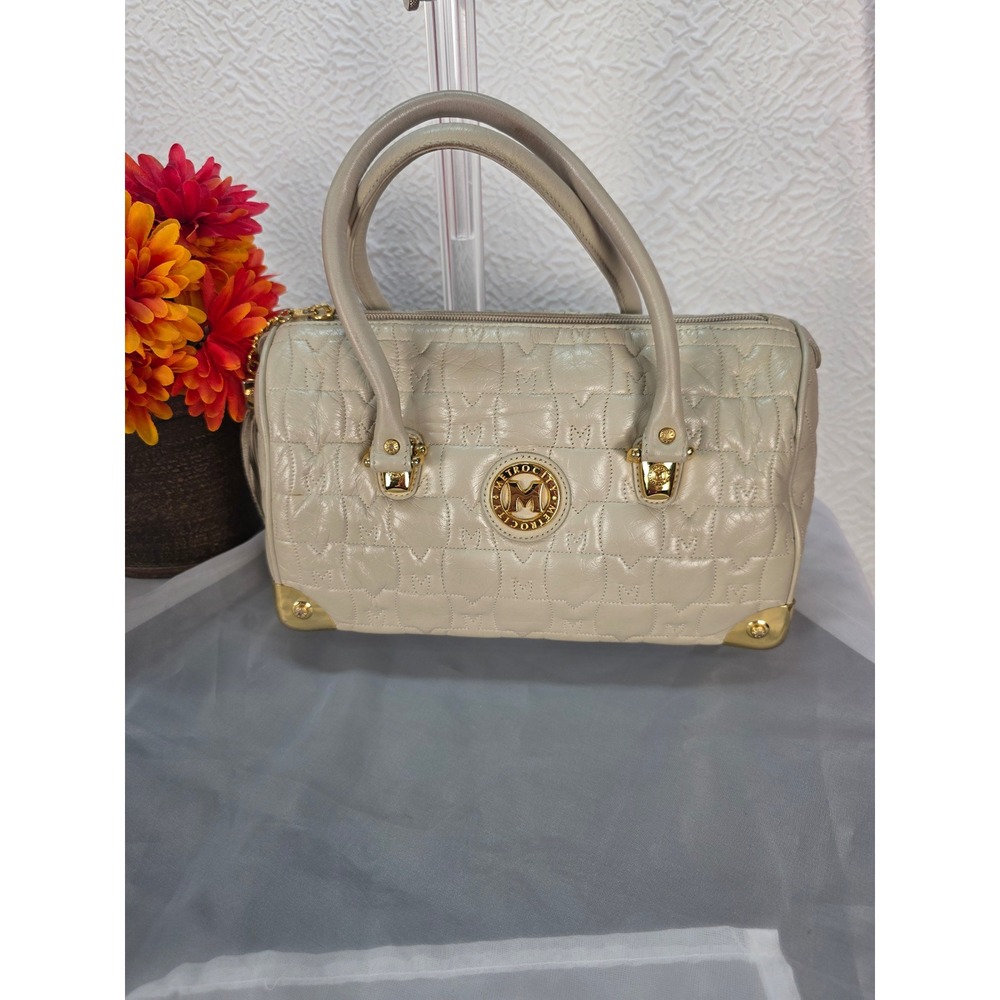 Metrocity‎ Cream Quilted Leather Satchel Bag Gold Hardware Logo Tassel Handbag